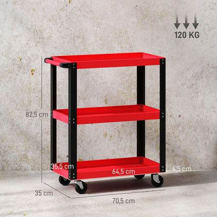 Werkzeugwagen, 3 Ablagen, Metallgestell, 120 kg Tragkraft, Rot
