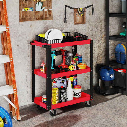 Werkzeugwagen, 3 Ablagen, Metallgestell, 120 kg Tragkraft, Rot