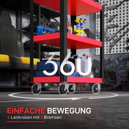Werkzeugwagen, 3 Ablagen, Metallgestell, 120 kg Tragkraft, Rot
