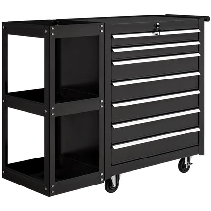 Tool Cart with 7 Drawers, 3-Tier Shelf, Steel, Black