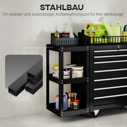 Tool Cart with 7 Drawers, 3-Tier Shelf, Steel, Black