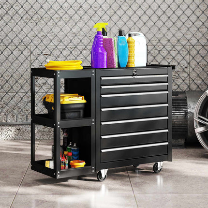 Tool Cart with 7 Drawers, 3-Tier Shelf, Steel, Black
