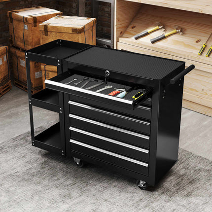 Tool Cart with 7 Drawers, 3-Tier Shelf, Steel, Black