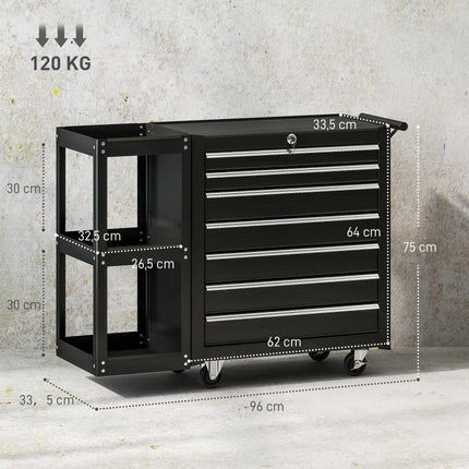 Tool Cart with 7 Drawers, 3-Tier Shelf, Steel, Black
