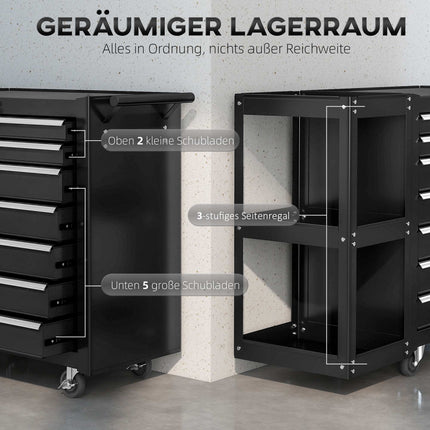 Tool Cart with 7 Drawers, 3-Tier Shelf, Steel, Black