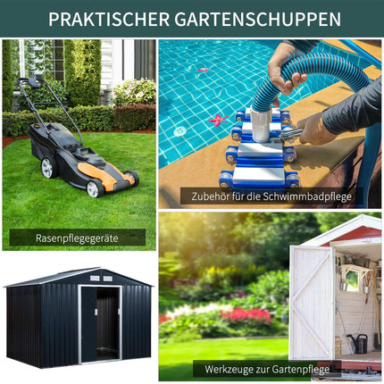 Gartenschuppen aus anthrazitfarbenem Stahl mit Boden und Schiebetüren