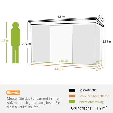 Gartenschuppen aus Stahl – Schiebetür, Ventil, 280 x 130 x 172 cm