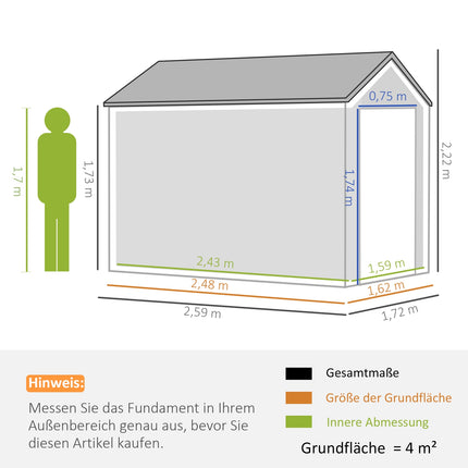 Gartenhaus aus Stahl, 4 m² mit Fenster und Schloss, dunkelgrau
