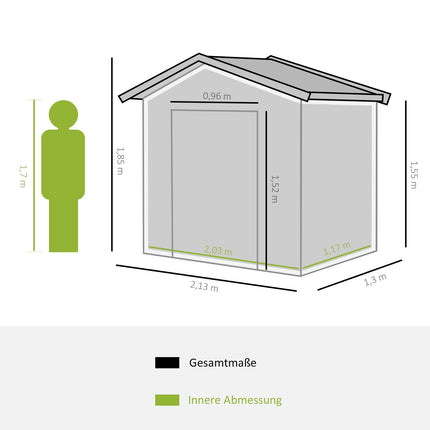 Steel garden tool shed, weatherproof, sliding doors, 213x130x185 cm