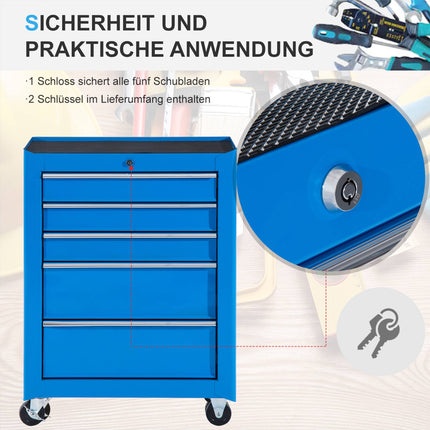Werkstattwagen mit 5 Schubladen, Stahl, Blau, Abschließbar