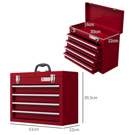Boîte à outils vide, 51 x 22 x 39,5 cm, boîte à outils avec 4 tiroirs, compartiment de rangement supérieur, poignée, boîte à outils avec serrure, acier