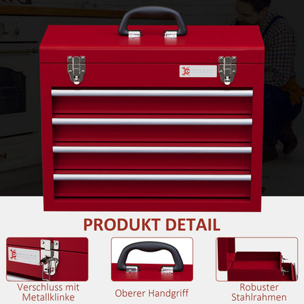 Boîte à outils vide, 51 x 22 x 39,5 cm, boîte à outils avec 4 tiroirs, compartiment de rangement supérieur, poignée, boîte à outils avec serrure, acier