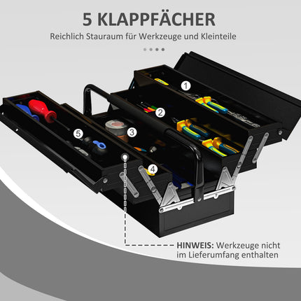Faltbarer Werkzeugkasten aus Stahl, 5 Fächer, schwarz, 56x20x41 cm