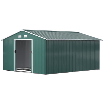 Gereedschapsschuur 12,4 m², tuinhuis met lessenaarsdak, schuifdeur, fundering, 340 x 386 x 200 cm, gereedschapsschuur van gegalvaniseerd staal, weerbestendig, voor tuin, donkergroen