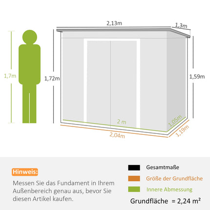 Gereedschapsschuur 2,42 m², tuinhuis met ventilatieraam, schuifdeur, fundering, 213 x 130 x 159/172 cm, gereedschapsschuur van gegalvaniseerd staal, weerbestendig, voor tuin, groen