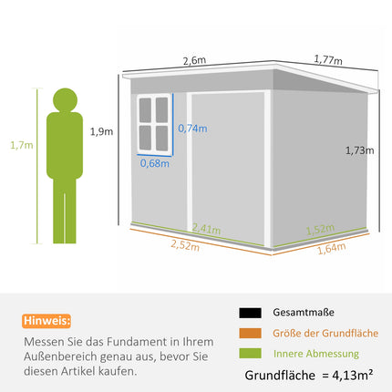 Gartengeräteschuppen aus Stahl, 260x177x190 cm, abschließbare Tür