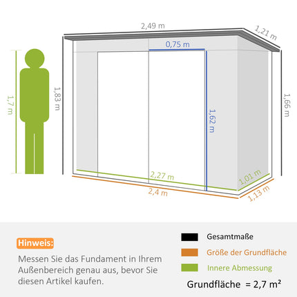 Gereedschapsschuur 4,1 m³, tuinhuis met lessenaarsdak, 249 x 121 x 166/183 cm, gereedschapsschuur met afsluitbare dubbele deuren, ramen, fietsenstalling, tuinkast van staal, voor achtertuin, tuin, groen Aosom