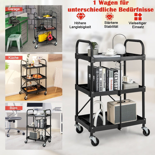 Werkzeugwagen 3 Ebenen Klappwagen auf Rollen 61 x 44 x 96 cm schwarz