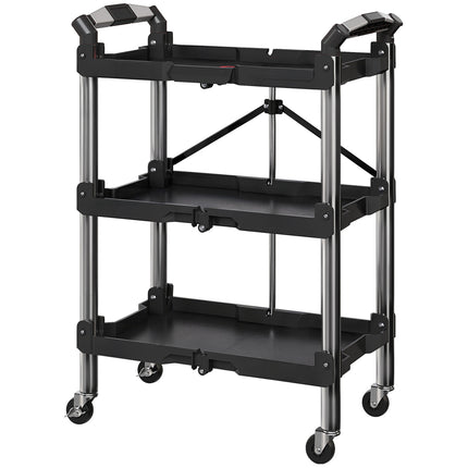 Tool trolley, foldable 3-tier tool cart, plastic, steel, black