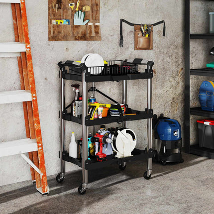 Tool trolley, foldable 3-tier tool cart, plastic, steel, black