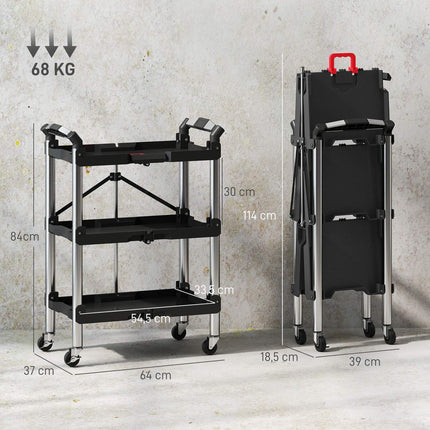 Tool trolley, foldable 3-tier tool cart, plastic, steel, black