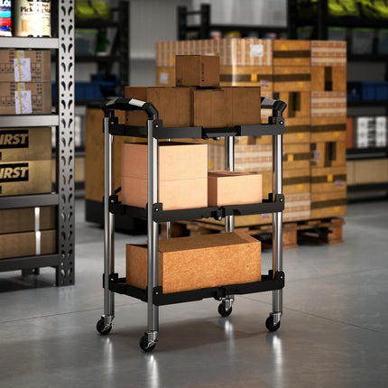 Tool trolley, foldable 3-tier tool cart, plastic, steel, black