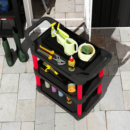 Tool Cart with 3 Shelves, Wheels, Side Handles, Black