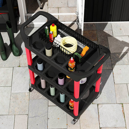 Dílenský vozík se 3 patry, bočními rukojeťmi, kolečky, plast, červený