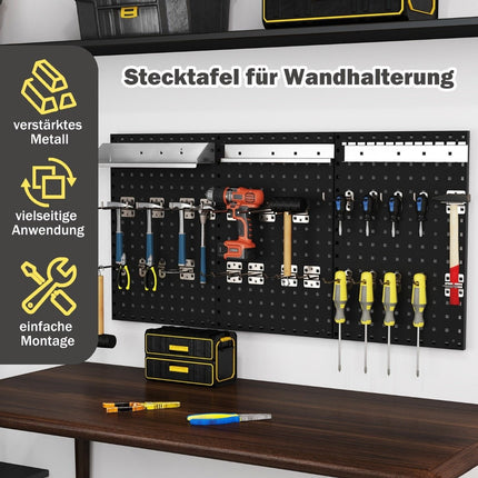 Mur à outils perforé avec 3 panneaux perforés et 28 accessoires de suspension noirs