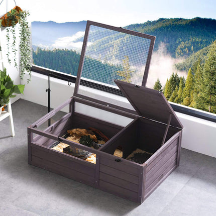 Tortoise Habitat, 2-Room Wood Enclosure, Lamp Holder