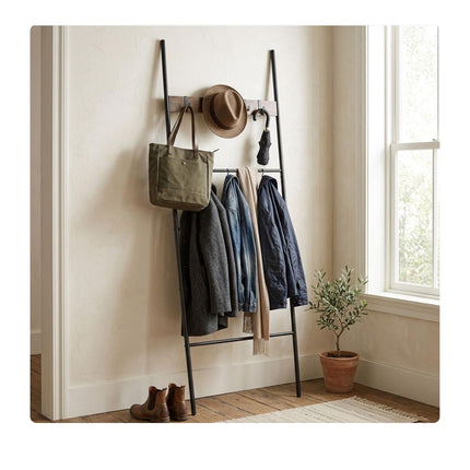 Towel Ladder with 4 Rungs & 5 Hooks – Brown, Steel & MDF