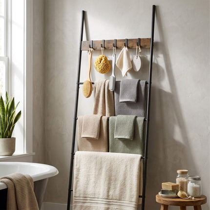 Towel Ladder with 4 Rungs & 5 Hooks – Brown, Steel & MDF