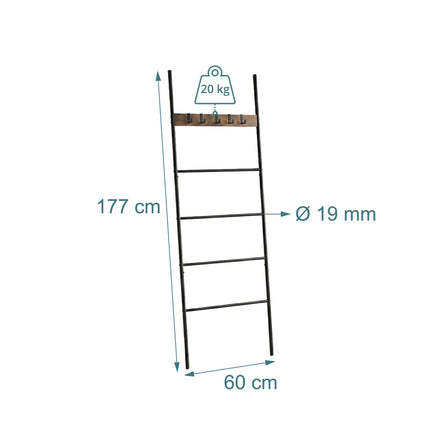 Towel Ladder with 4 Rungs & 5 Hooks – Brown, Steel & MDF