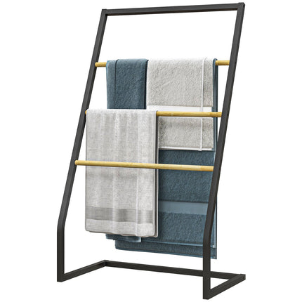 Porte-serviettes sur pied avec 3 barres porte-serviettes, porte-serviettes de bain, acier, noir