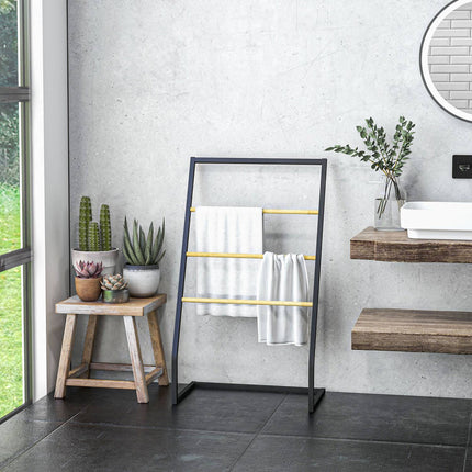 Porte-serviettes sur pied avec 3 barres porte-serviettes, porte-serviettes de bain, acier, noir