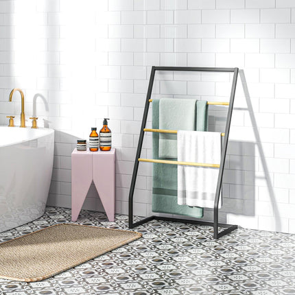 Porte-serviettes sur pied avec 3 barres porte-serviettes, porte-serviettes de bain, acier, noir