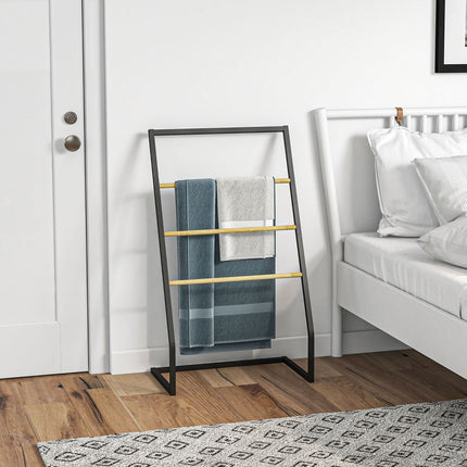 Porte-serviettes sur pied avec 3 barres porte-serviettes, porte-serviettes de bain, acier, noir