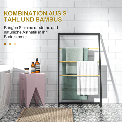 Porte-serviettes sur pied avec 3 barres porte-serviettes, porte-serviettes de bain, acier, noir