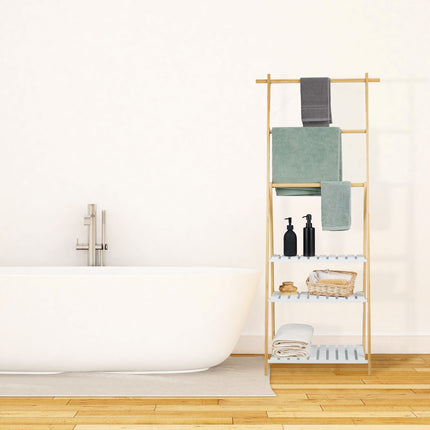 Towel Rack with 3 Bars and Shelves, Bamboo