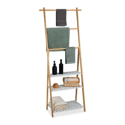 Towel Rack with 3 Bars and Shelves, Bamboo