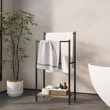 Towel Stand with Shelf – Metal Frame, Wood-Effect Finish