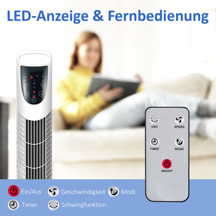 Turmventilator, 3 Modi, leiser Betrieb, Timer, Fernbedienung, Weiß