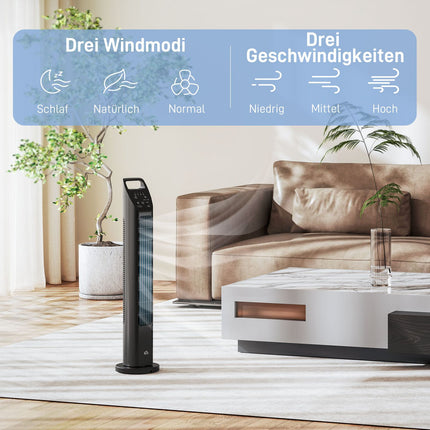Tower fan with remote control, 3 modes and timer, black