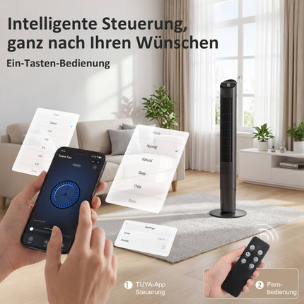 Sloupový ventilátor s dálkovým ovladačem, WiFi aplikace, 6 rychlostí, 65 oscilace