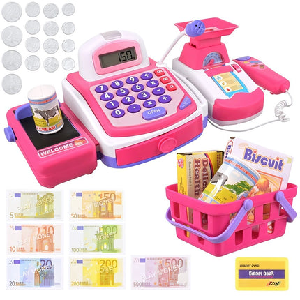 Toy Cash Register for Kids with Scanner and Card Terminal, Built-In Scale, Pink