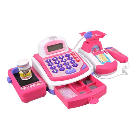 Toy Cash Register for Kids with Scanner and Card Terminal, Built-In Scale, Pink
