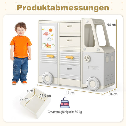 Spielzeugregal mit Whiteboard, Bus-Design, 4 Schubladen