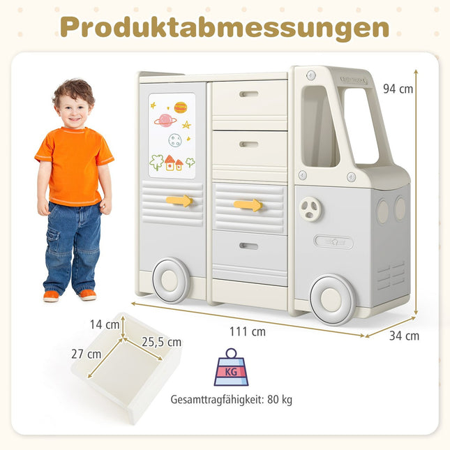 Spielzeugregal mit Whiteboard, Bus-Design, 4 Schubladen