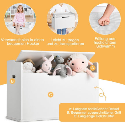 Coffre à jouets avec couvercle 2 en 1 avec coussin armoire à jouets 74 x 39 x 52 cm blanc