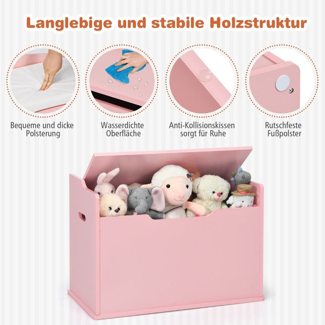 Spielzeugkiste mit Deckel 2 in 1 Spielzeugtruhe mit Kissen Spielzeugschrank aus Holz mit Tragegriffen Rosa